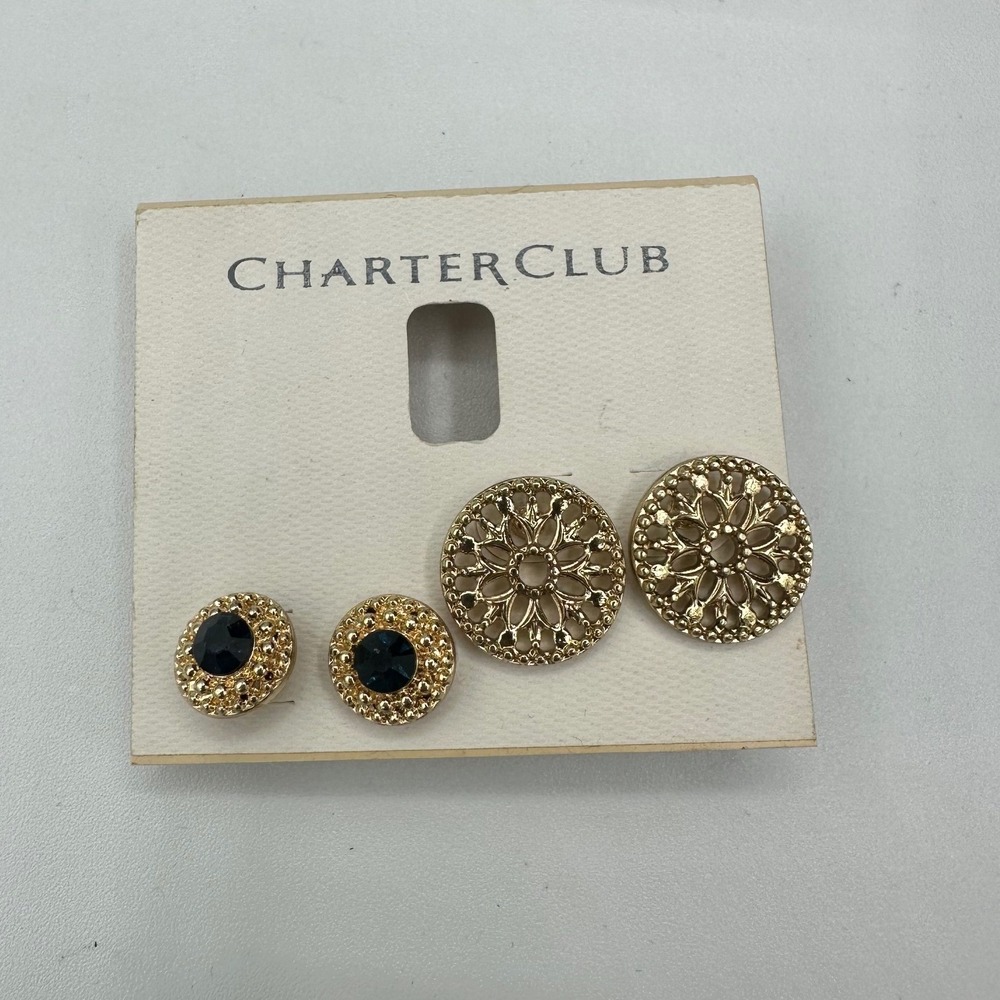 Charter Club Stud Earrings Set Womens OS Gold Navy New Filigree Crystal Duo